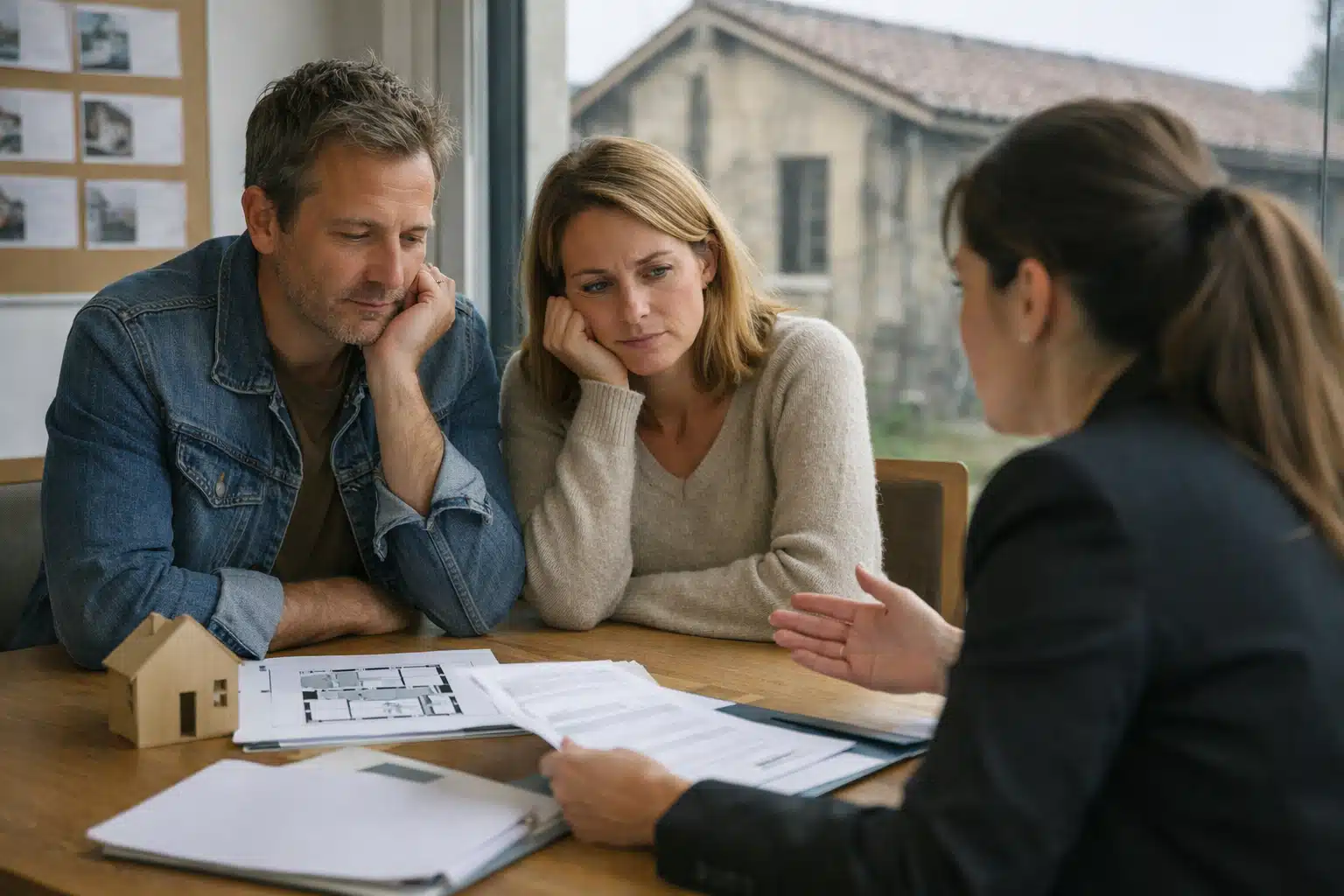 Couple écoutant une conseillère autour de documents