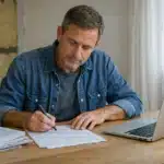 Homme d'âge moyen rédigeant des documents au bureau