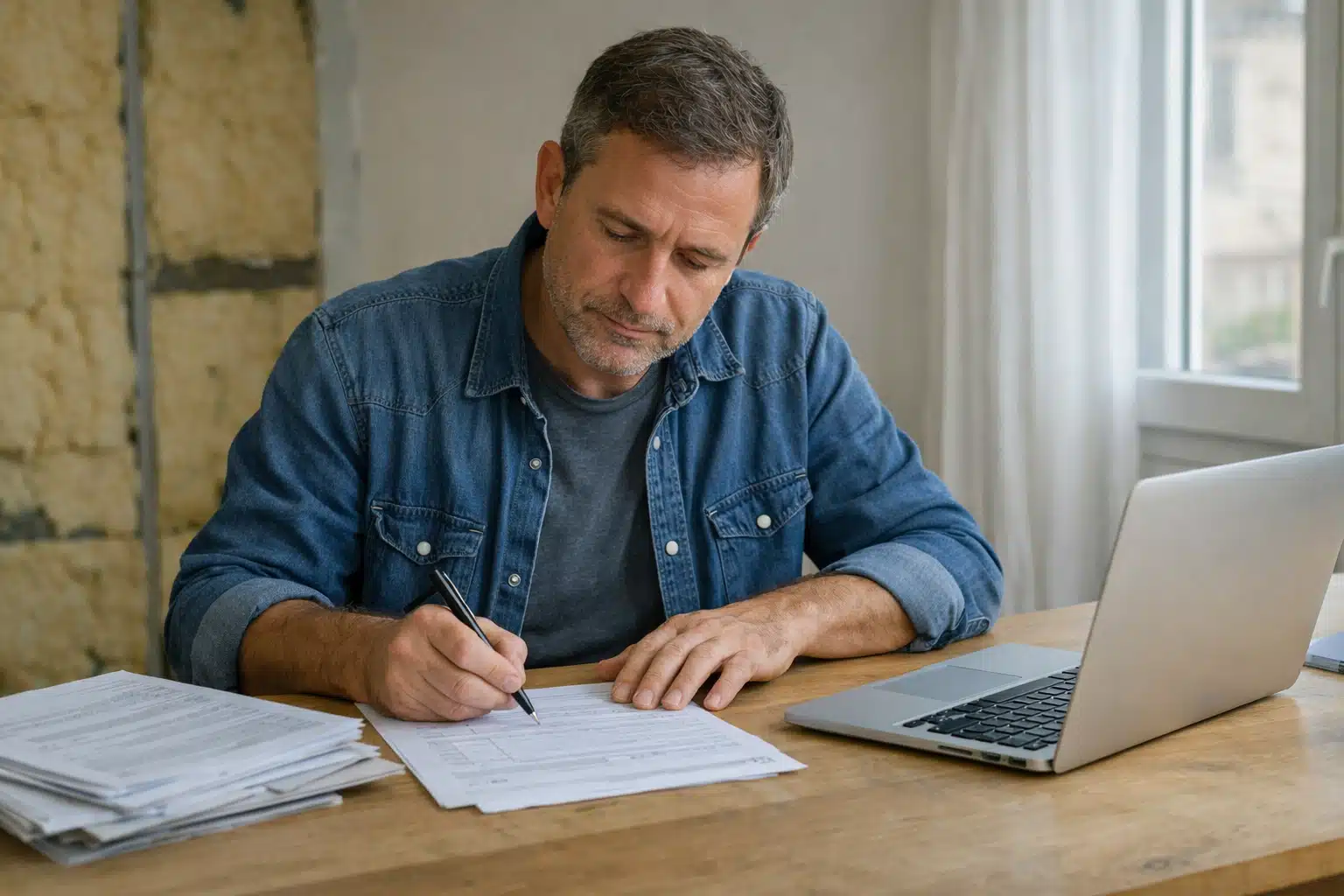 Homme d'âge moyen rédigeant des documents au bureau