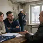 Couple discutant travaux avec expert, ouvrier inspecte fenêtre