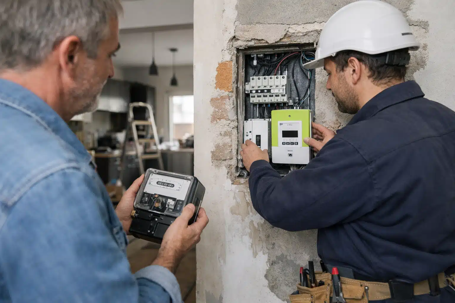 Deux électriciens contrôlant un tableau électrique avec multimètre