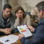couple écoutant un conseiller montrant un graphique sur tablette