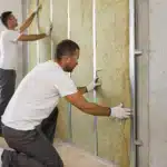 Deux ouvriers installant un isolant en laine de verre