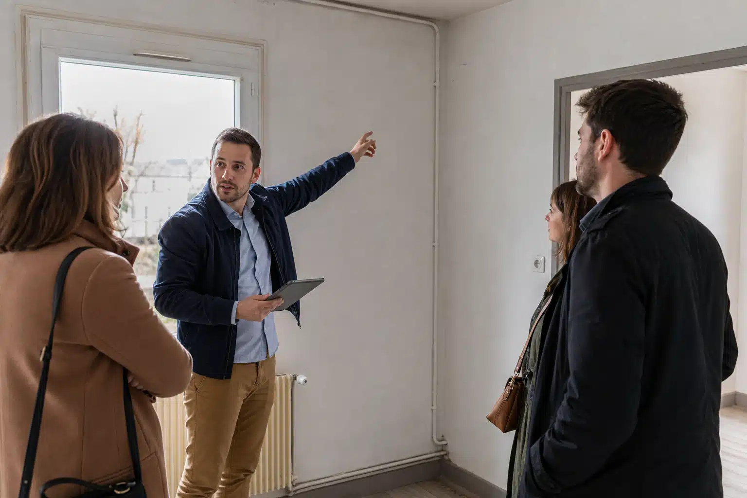 Agent immobilier présentant un appartement aux clients