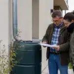 Deux personnes consultant des documents près d'un récupérateur d'eau