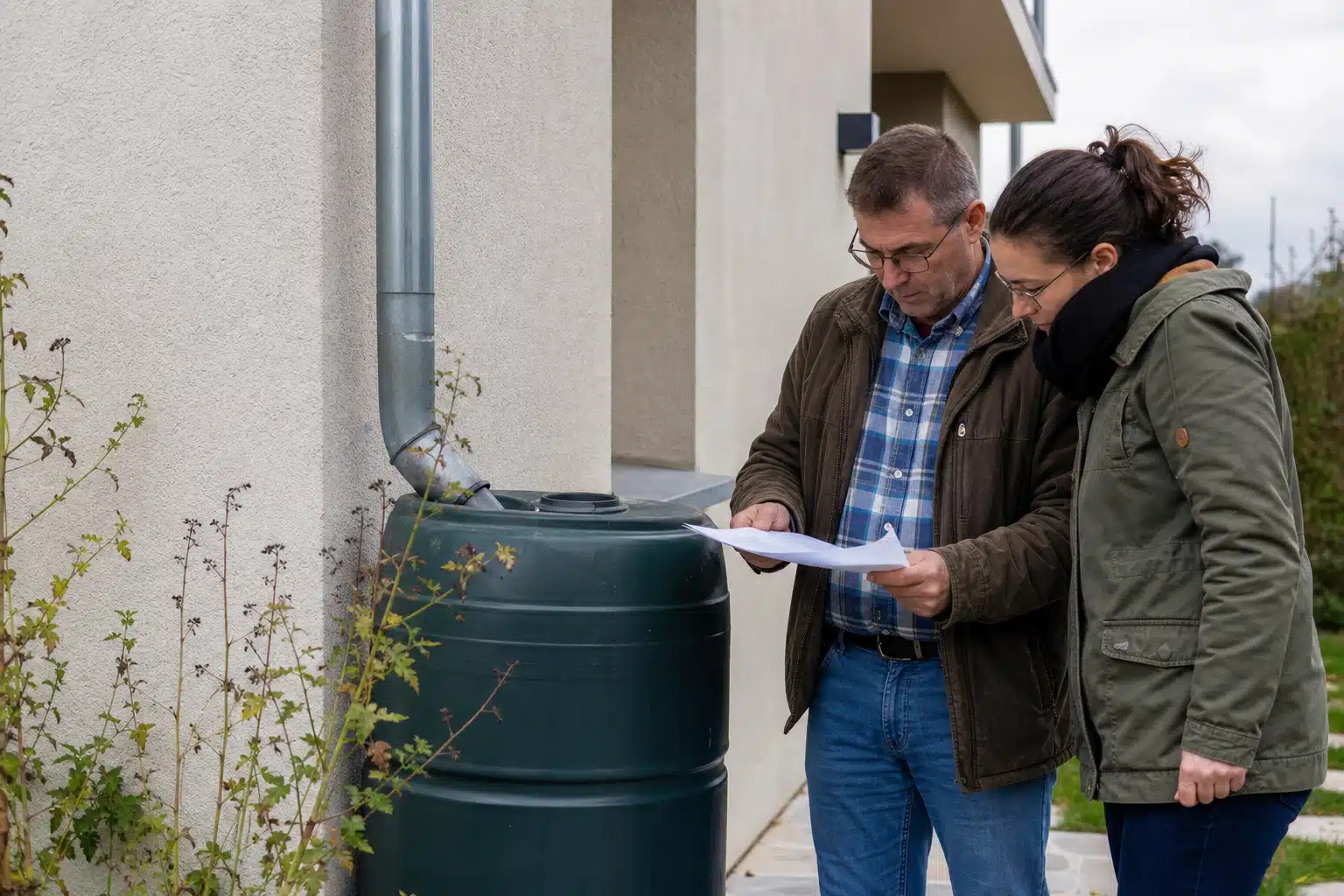 Deux personnes consultant des documents près d'un récupérateur d'eau