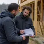 Deux hommes discutant plans devant ossature bois