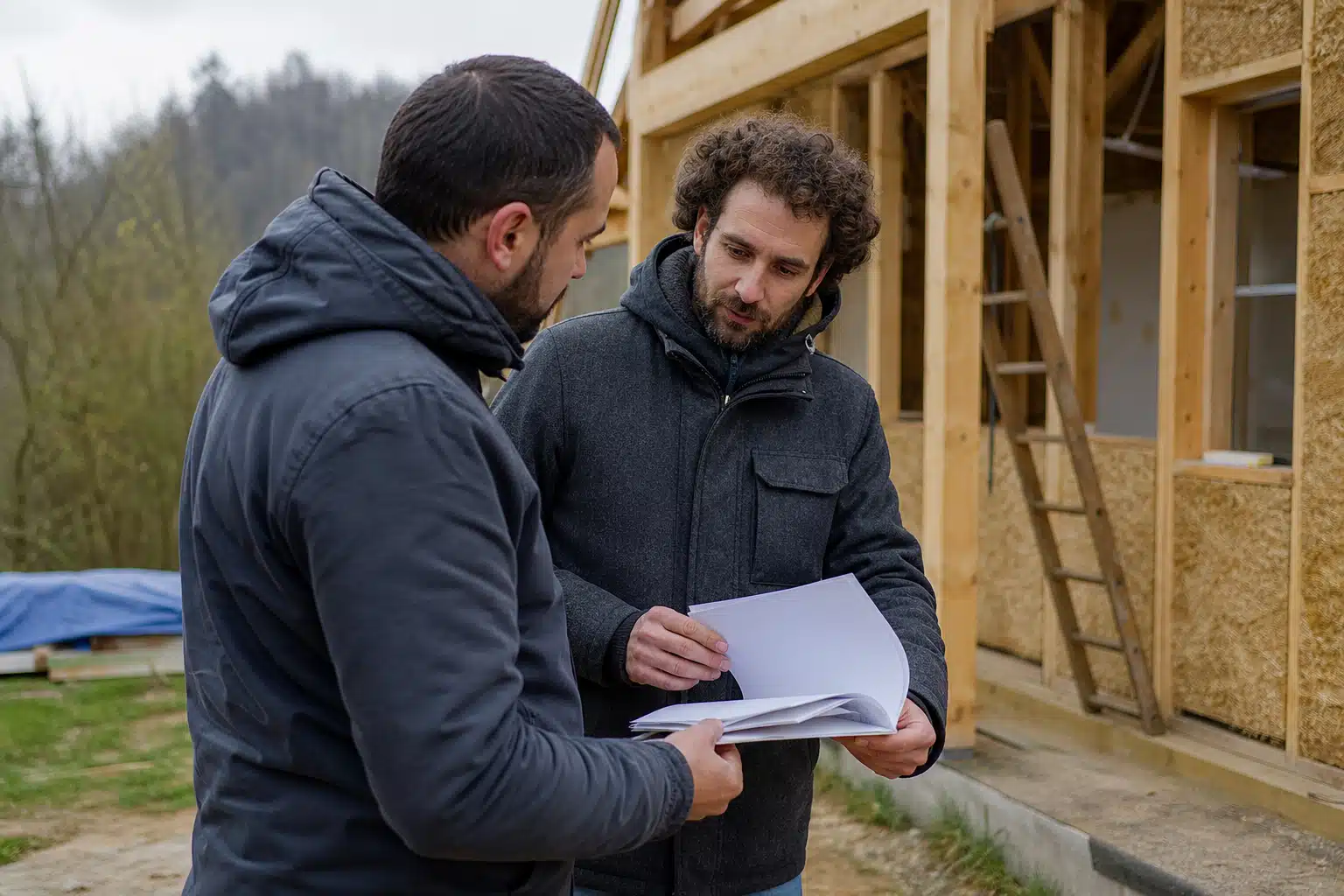Deux hommes discutant plans devant ossature bois